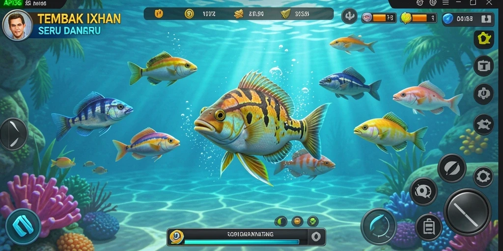 Screenshot API36 menampilkan aksi seru menembak ikan di bawah laut.