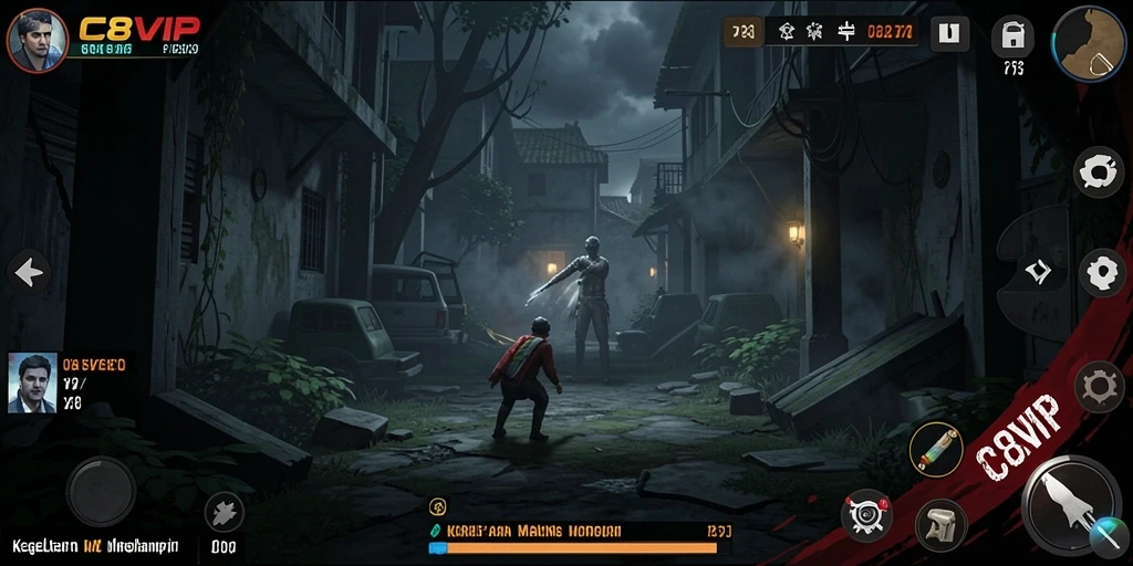Screenshot gameplay C8VIP menampilkan suasana gelap dan mencekam.