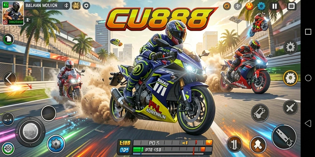 Screenshot CU888 menampilkan balapan motor yang mendebarkan di trek yang menantang.
