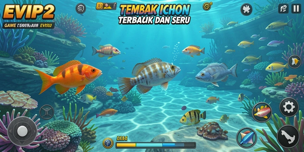 Tampilan utama gameplay EVIP2 dengan ikan berwarna-warni.