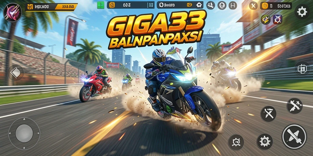 Tampilan gameplay GIGA33 dengan aksi balapan motor yang mendebarkan.