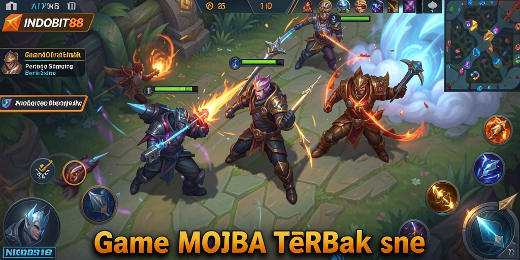 Screenshot gameplay INDOBIT88 menampilkan aksi seru pertarungan tim MOBA.