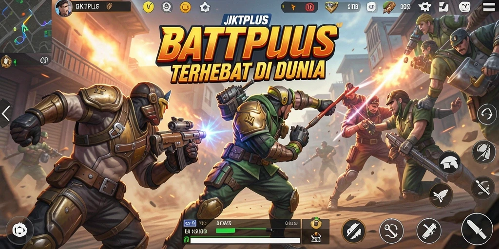 Screenshot gameplay JKTPLUS menampilkan pertempuran intens di arena Battle Royale.
