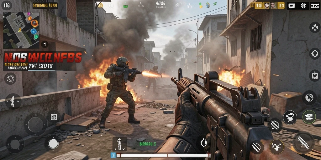 Screenshot menunjukkan aksi mendebarkan dalam gameplay FPS N06.