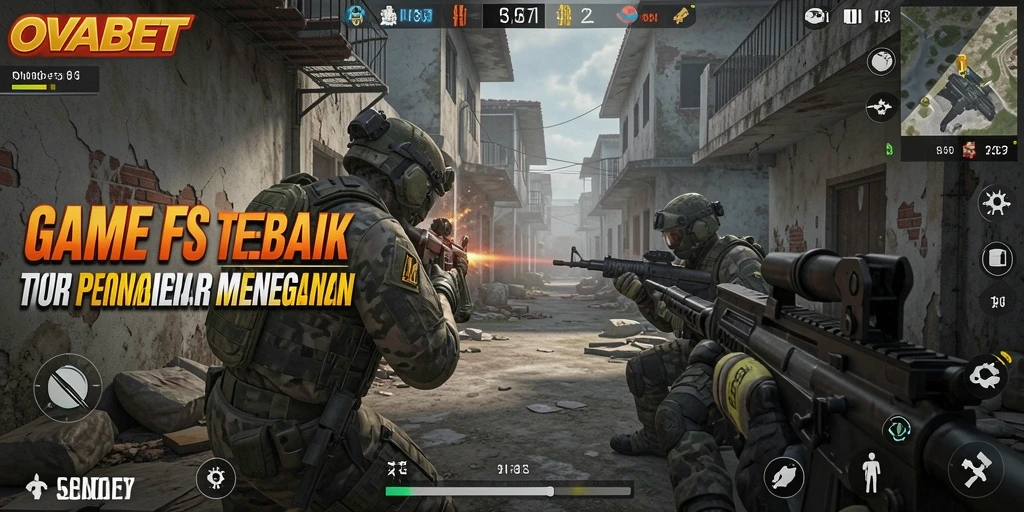 Tampilan gameplay mendebarkan dalam OVABET, menunjukkan aksi menembak yang intens.