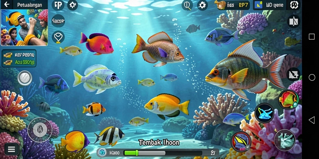 Tampilan gameplay PP7 dengan momen menembak ikan yang seru.