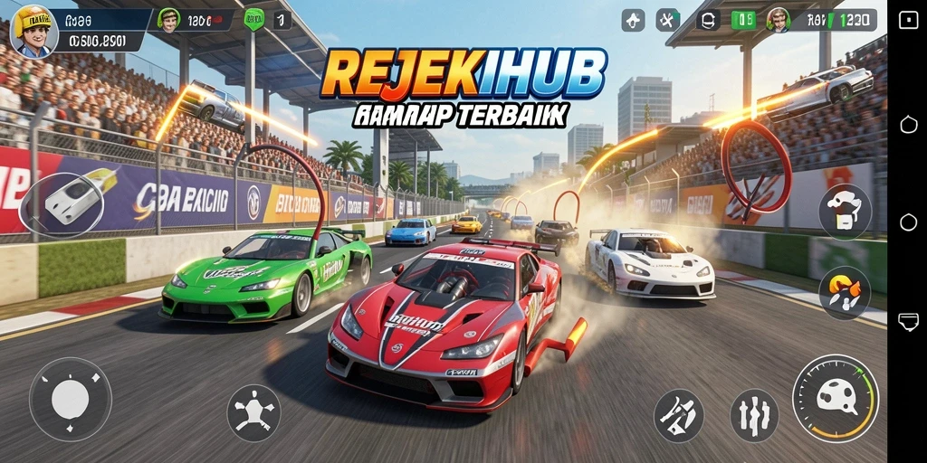 Gameplay REJEKIHUB dengan mobil balap yang beraksi di lintasan.