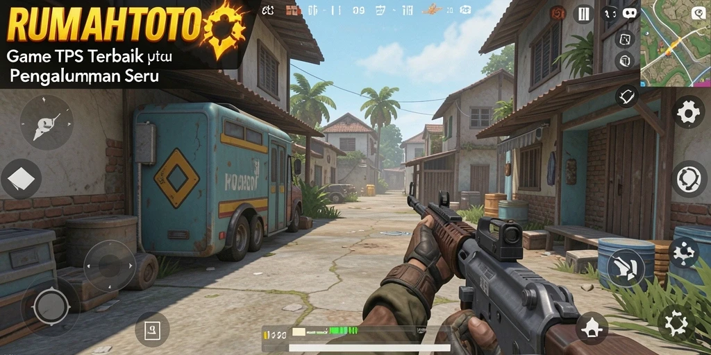 Screenshot utama RUMAHTOTO menampilkan aksi pertempuran seru di lapangan.