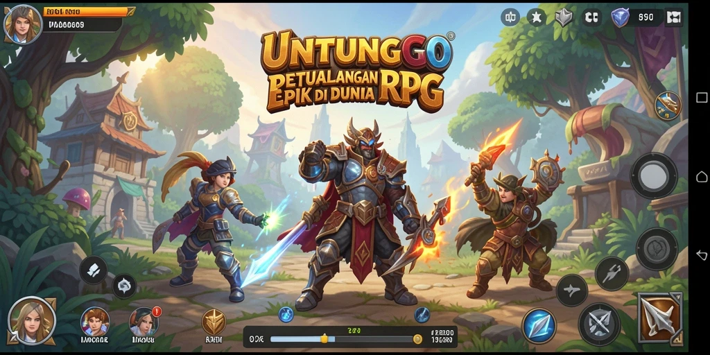 Tangkapan layar gameplay UNTUNGGO menunjukkan aksi pertarungan RPG yang seru.